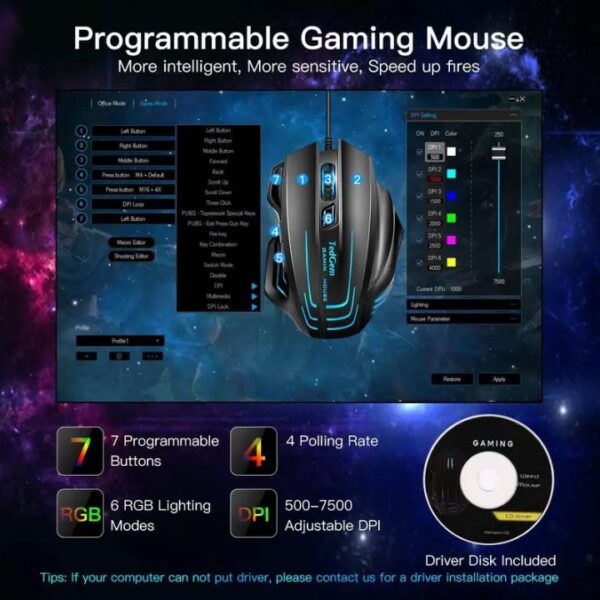 Ratón para juegos, TedGem con cable computadora con cable para juegos de PC con cable Hasta 7500 DPI, 7 botones programables, Mouse ergonómicos para Windows XP, Vista, WIN7, WIN8, Win10, MAC - Imagen 6